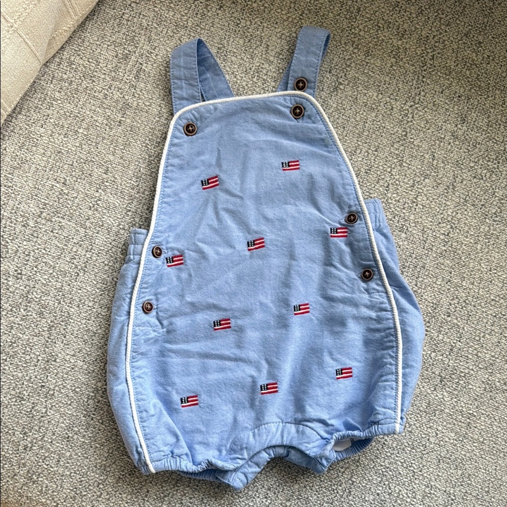 Janie and Jack Blue Baby Overalls with Flag Embroidery 6-12mo